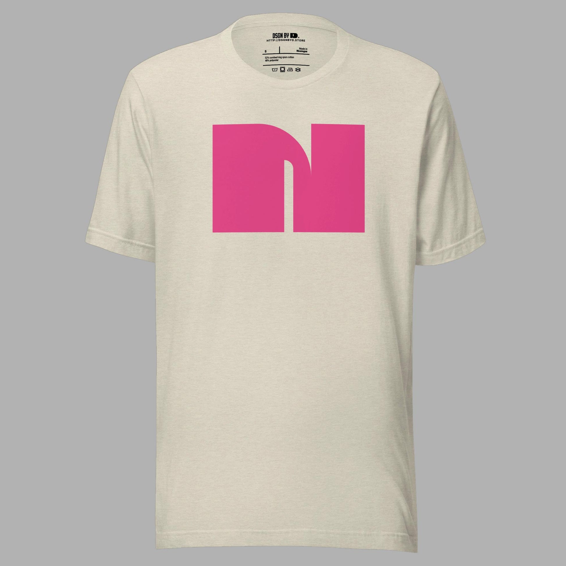 A beige cotton unisex graphic tee with letter N.