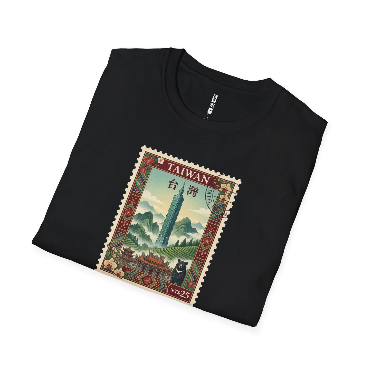 Black t-shirt with a Taiwan postage stamp design on a white background