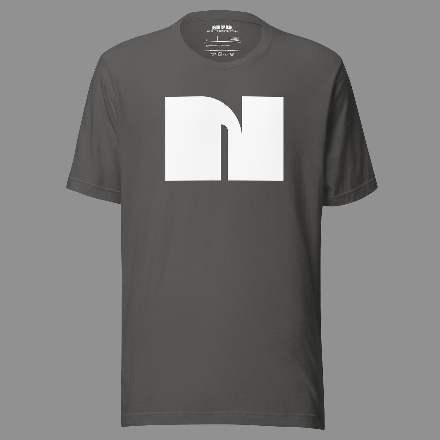 A grey cotton unisex graphic tee with letter N.