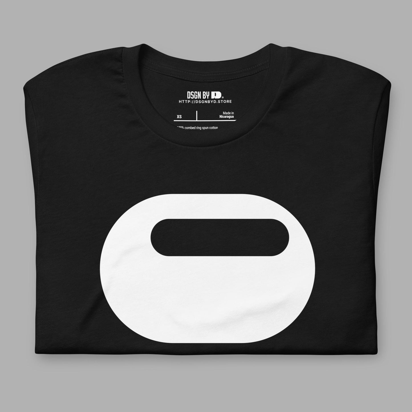 A folded balck cotton unisex graphic tee with letter O.
