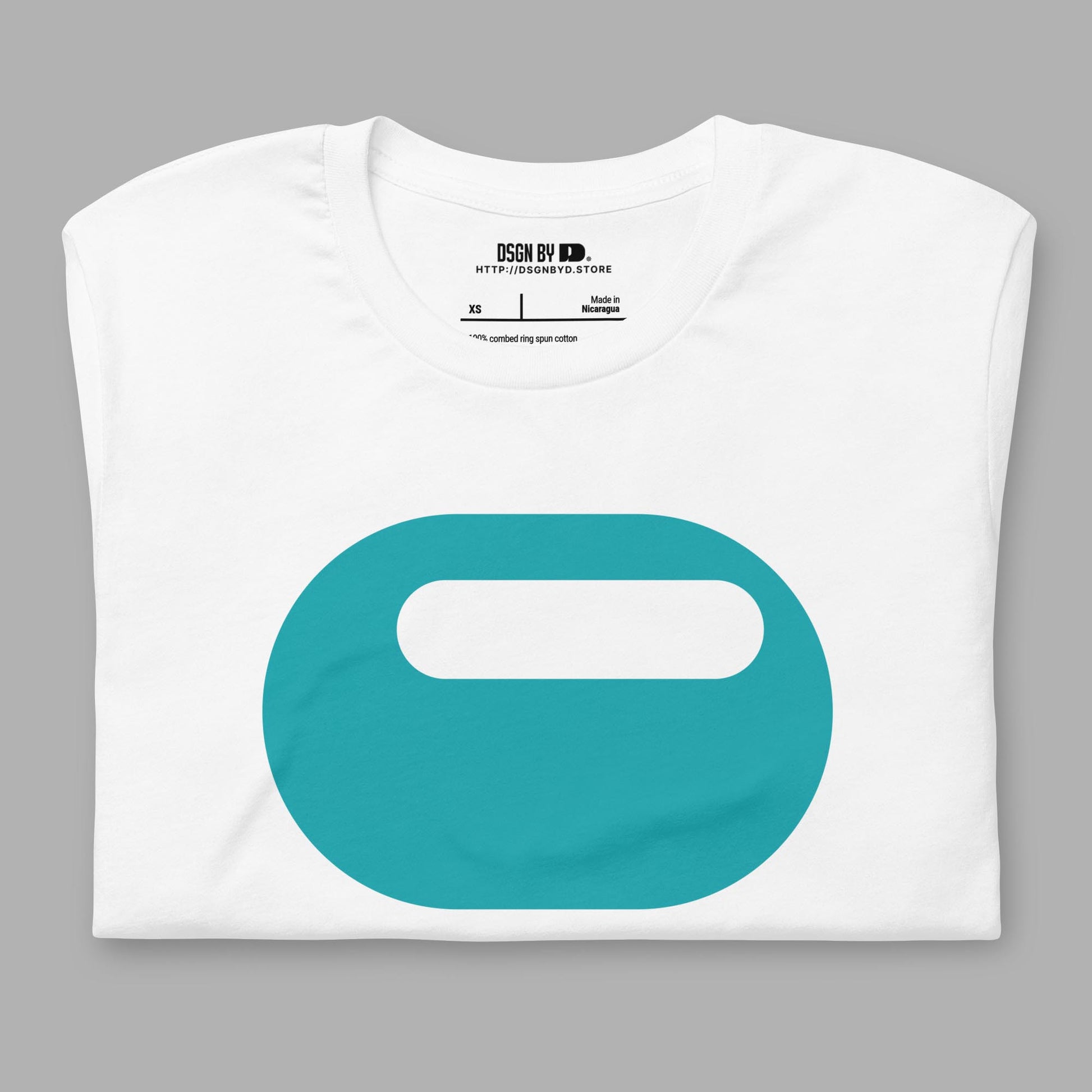 A folded white cotton unisex graphic tee with letter O.