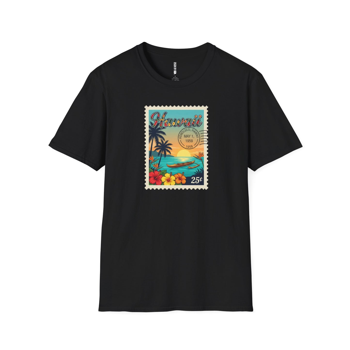 Black t-shirt with a colorful 'Hawaii' stamp design on a white background