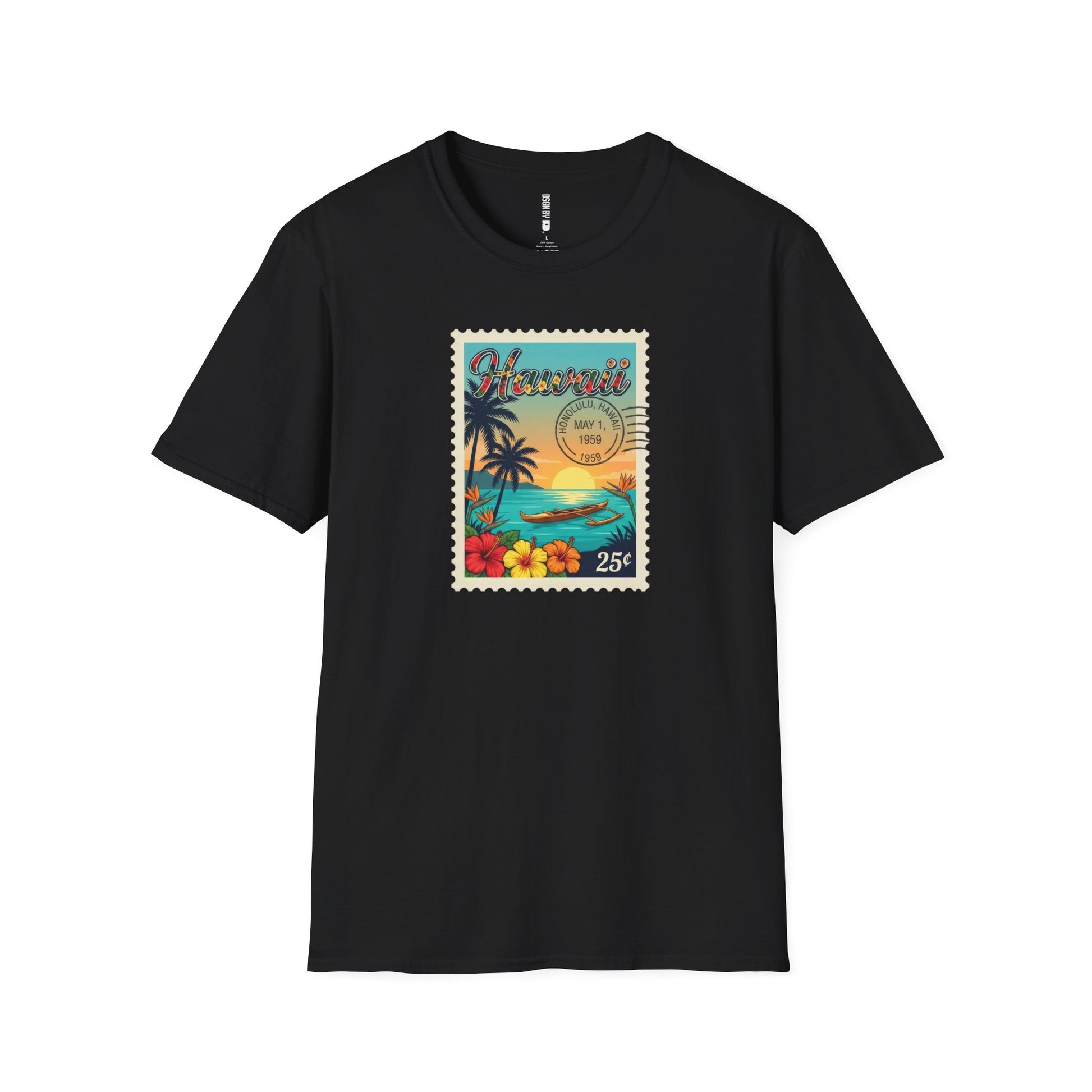 Black t-shirt with a colorful 'Hawaii' stamp design on a white background