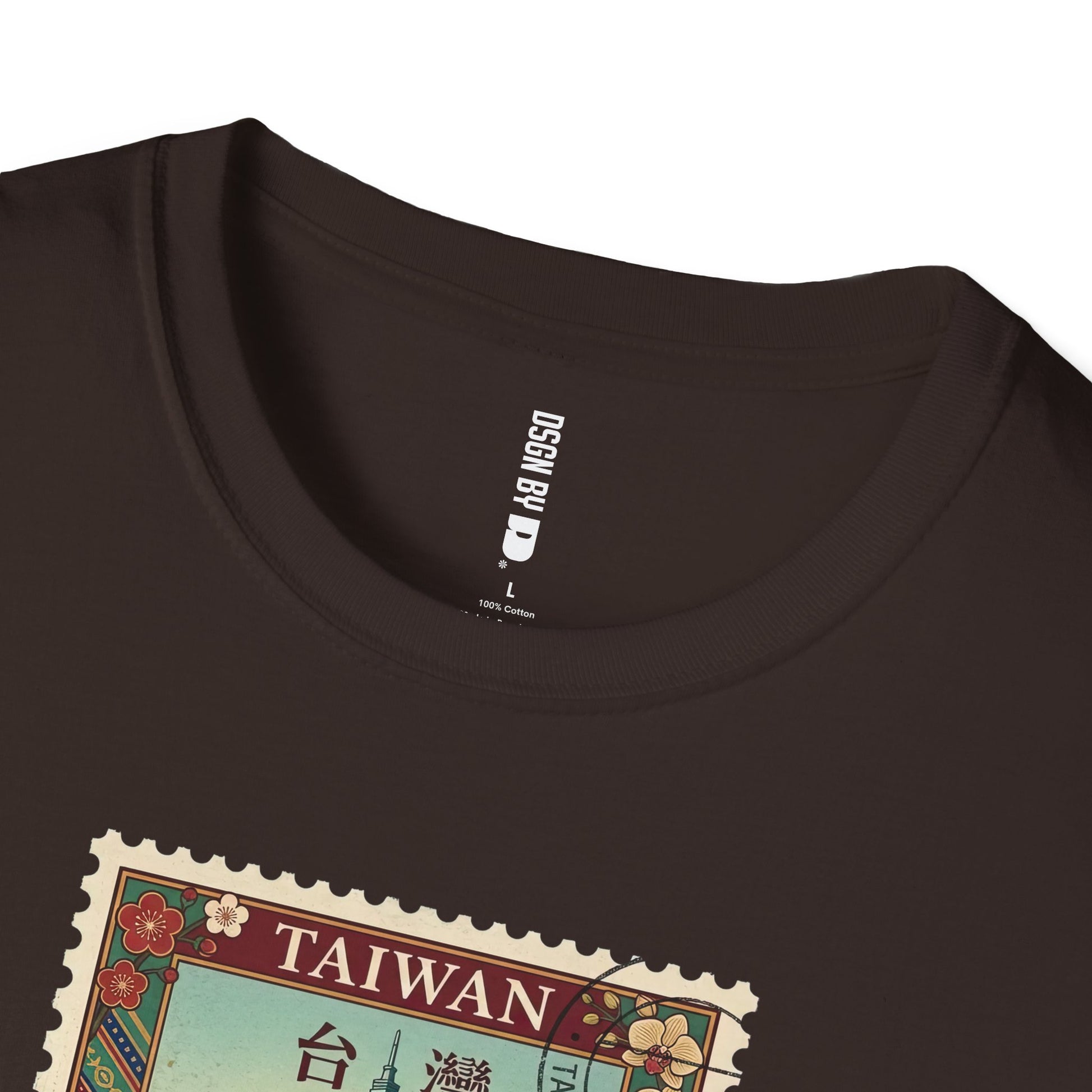 Black t-shirt with a 'Taiwan' stamp design and a visible brand label.