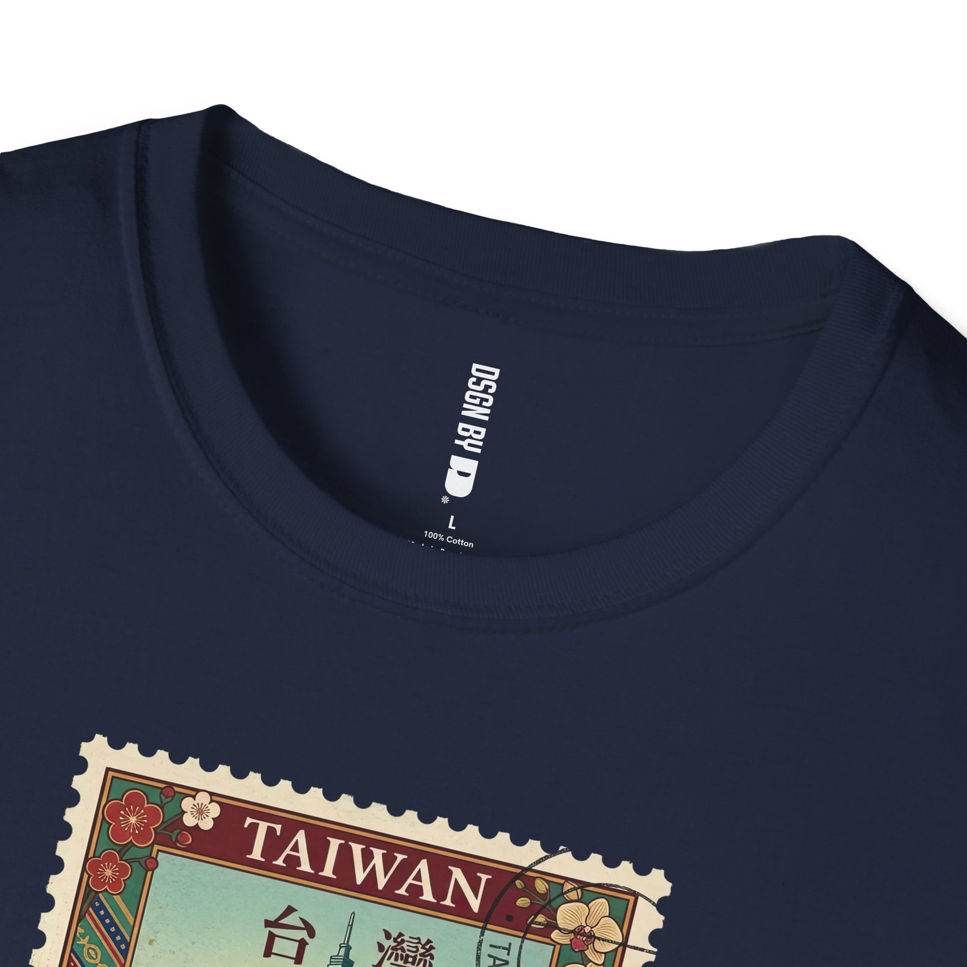 Navy blue t-shirt with a 'Taiwan' stamp design and a visible brand label.