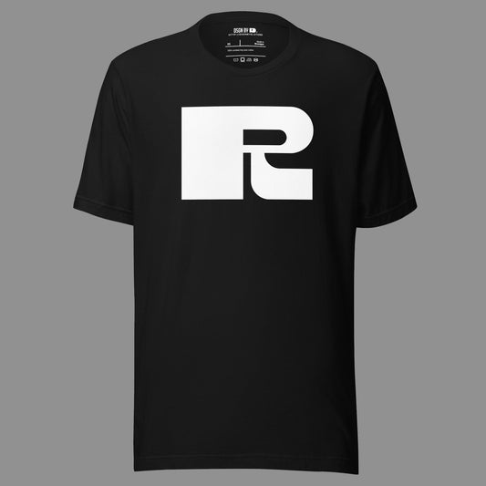 A black cotton unisex graphic tee with letter R.