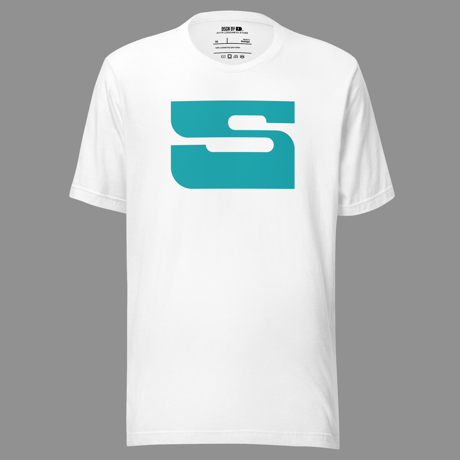 A white cotton unisex graphic tee with letter S.