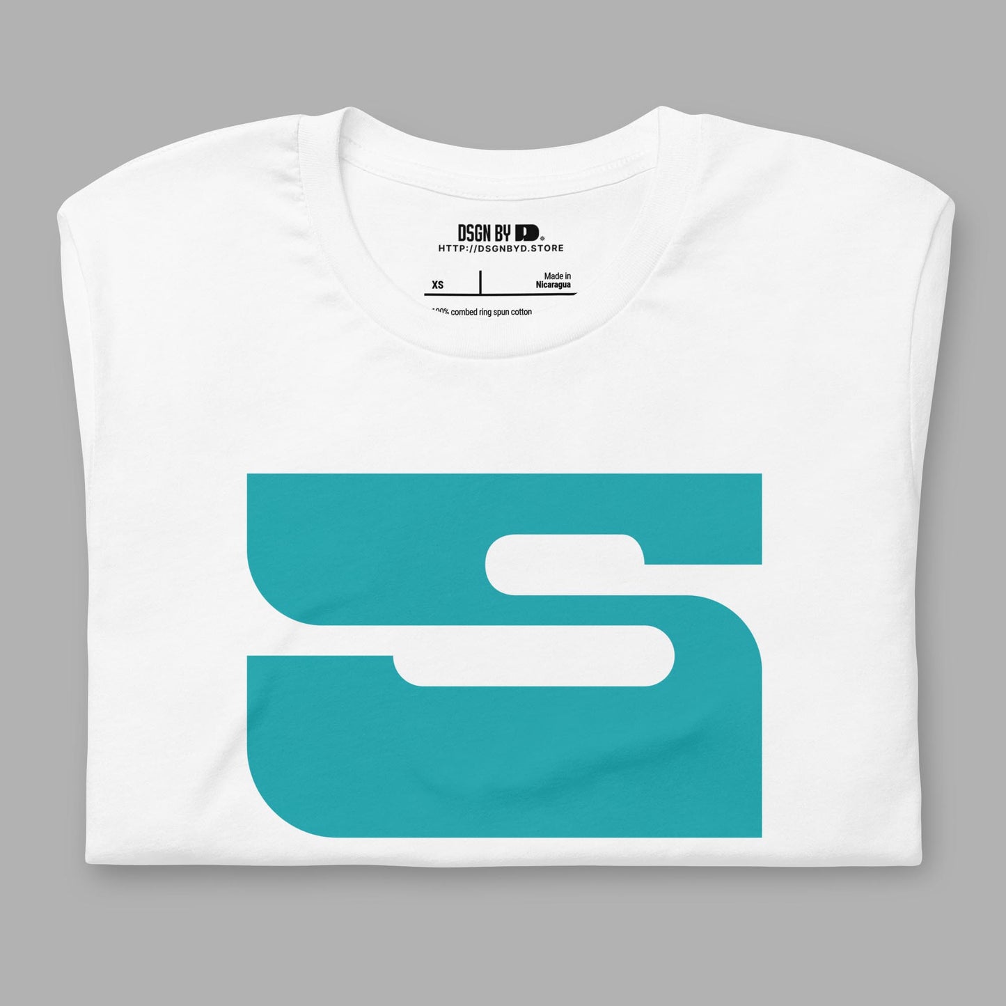 A folded white cotton unisex graphic tee with letter S.