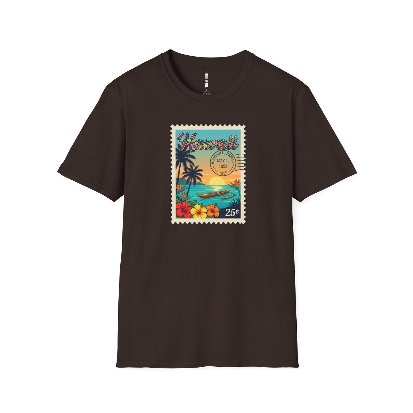 Brown Black t-shirt with a colorful 'Hawaii' stamp design on a white background