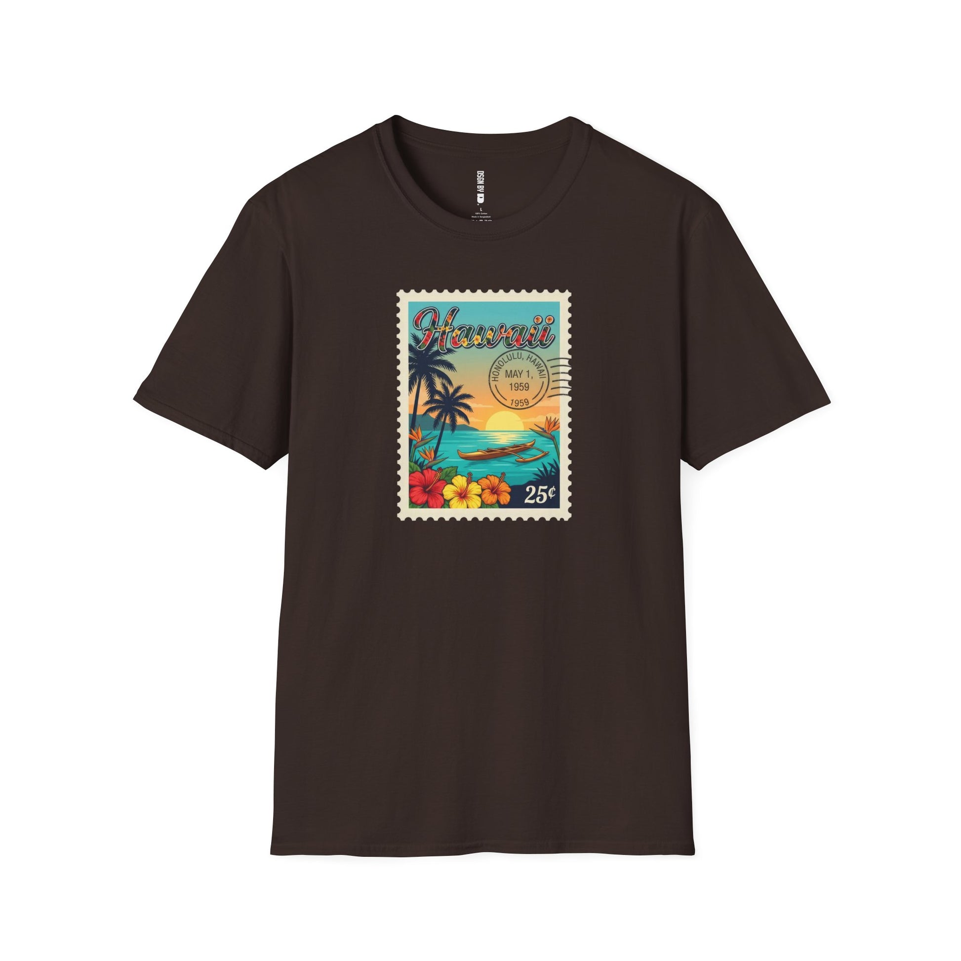 Brown Black t-shirt with a colorful 'Hawaii' stamp design on a white background