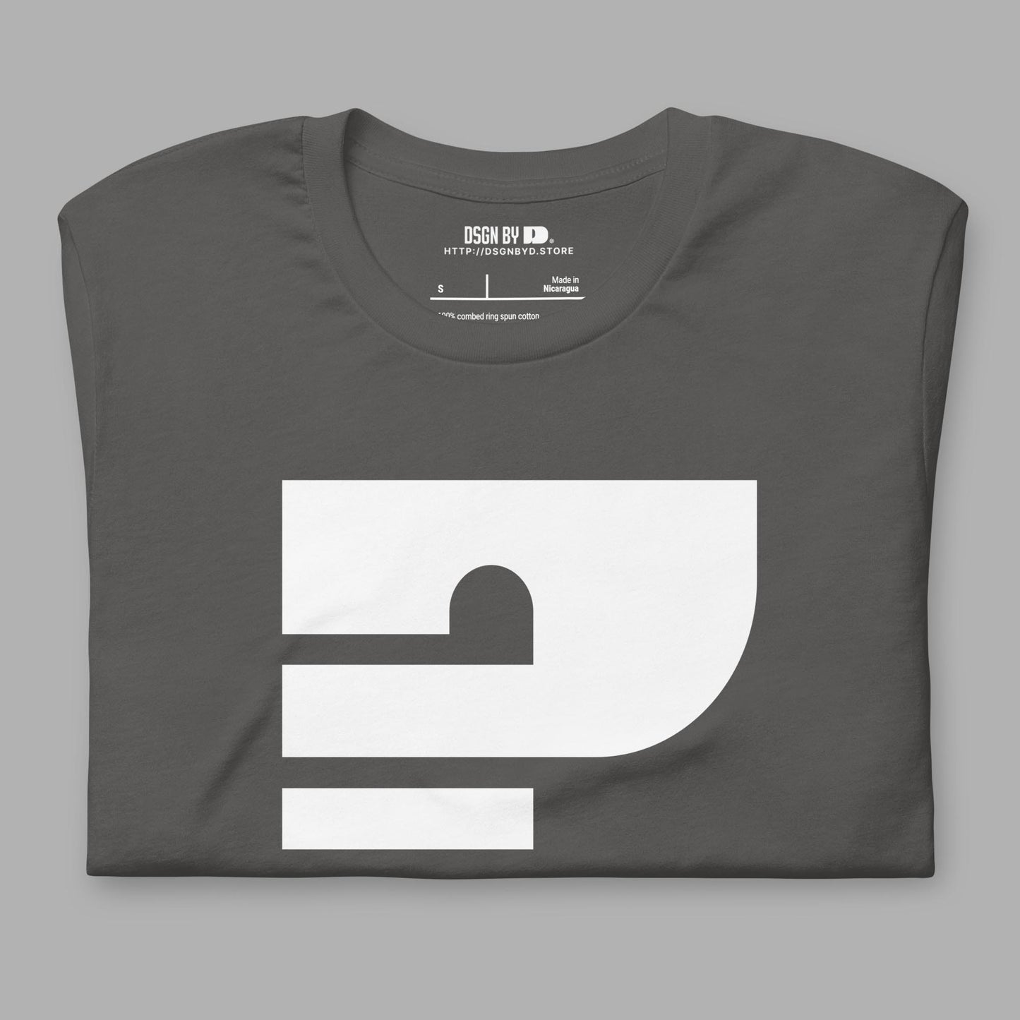 A folded grey cotton unisex graphic tee with a question mark.