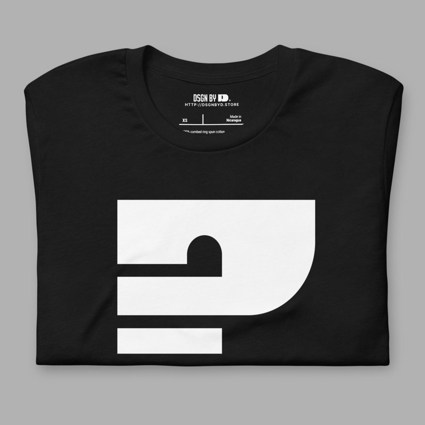 A folded balck cotton unisex graphic tee with a question mark.