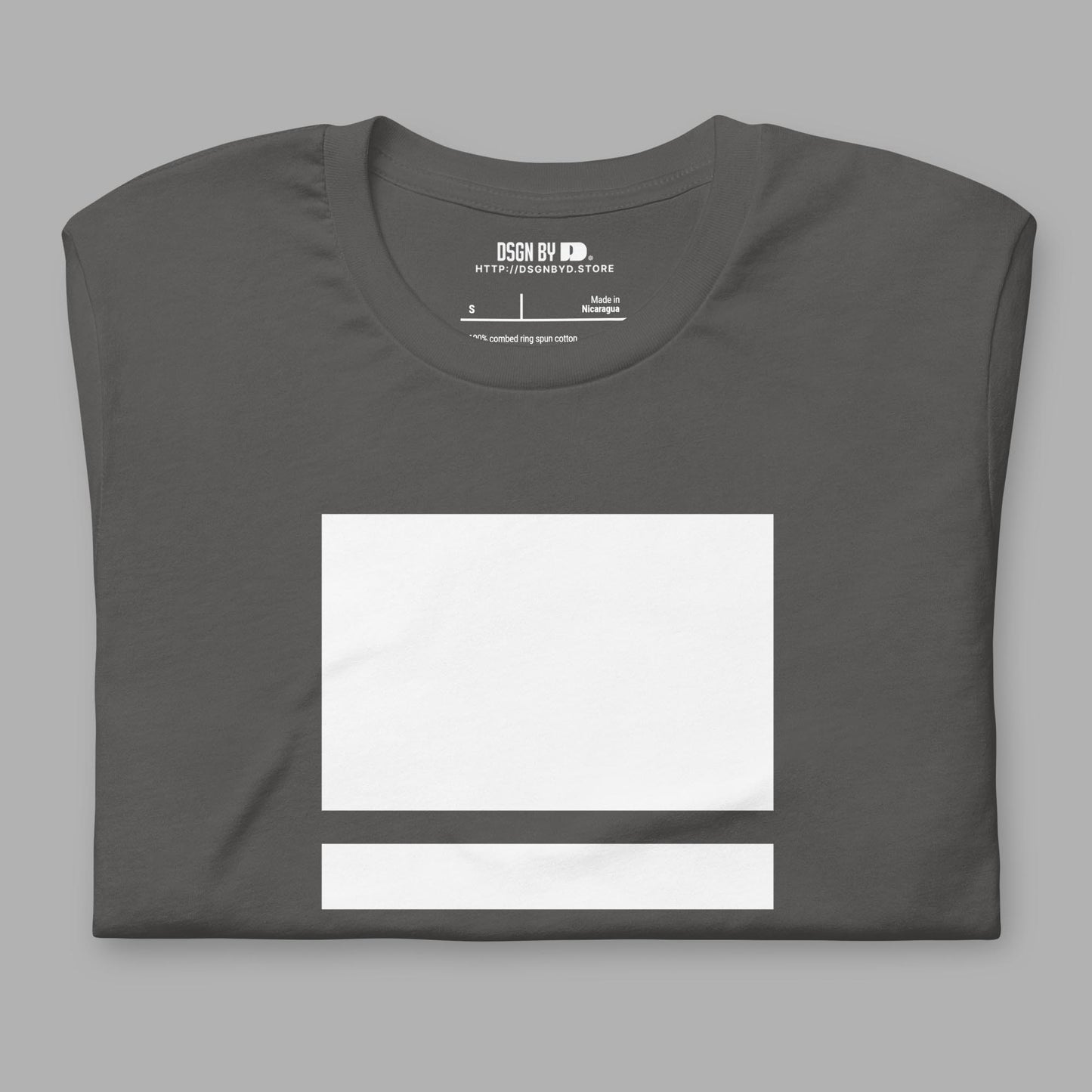 A folded grey cotton unisex graphic tee.