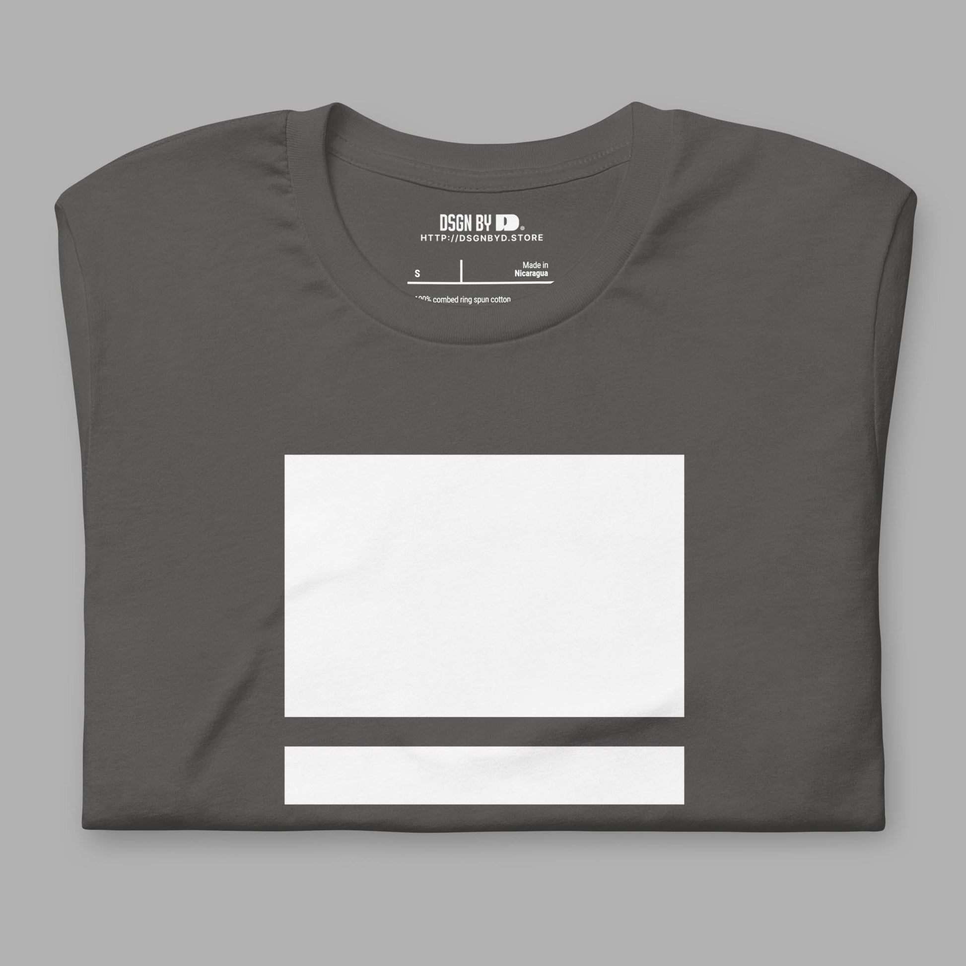 A folded grey cotton unisex graphic tee.