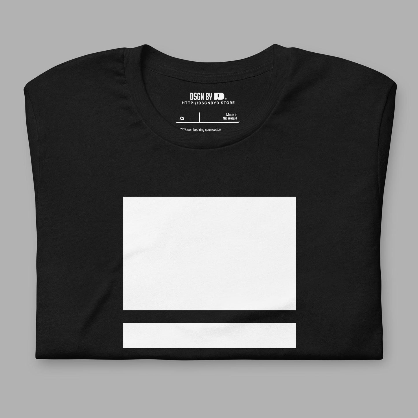 A folded black cotton unisex graphic tee.