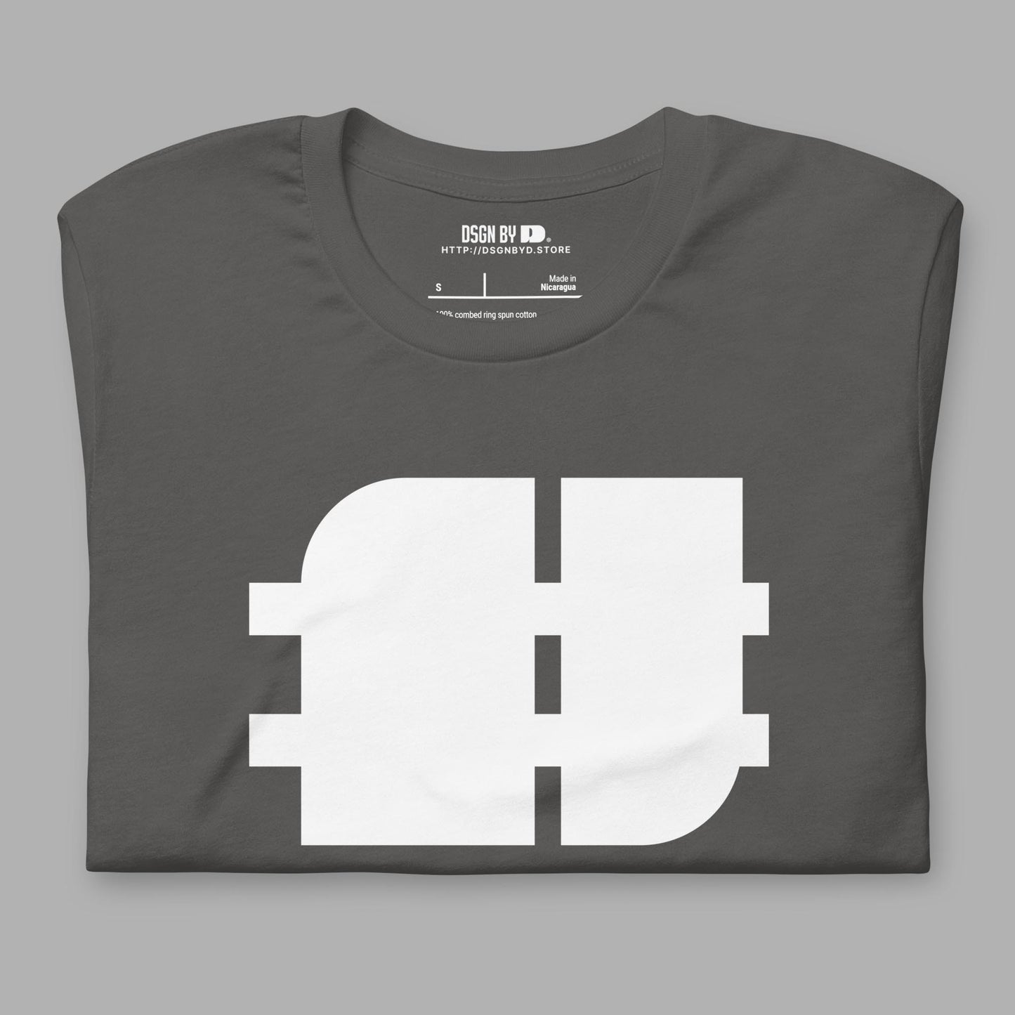 A folded grey cotton unisex graphic tee.