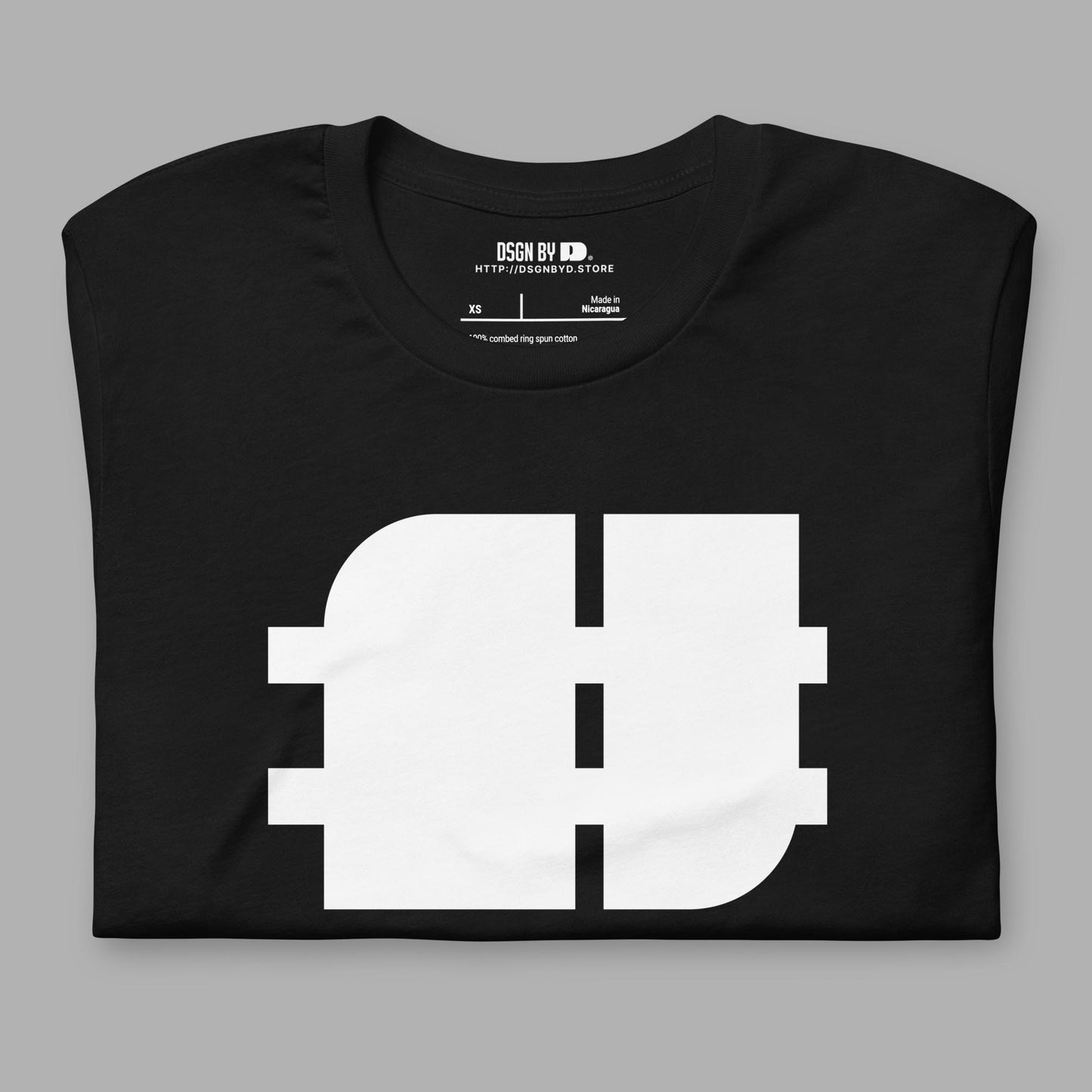 A folded black cotton unisex graphic tee.