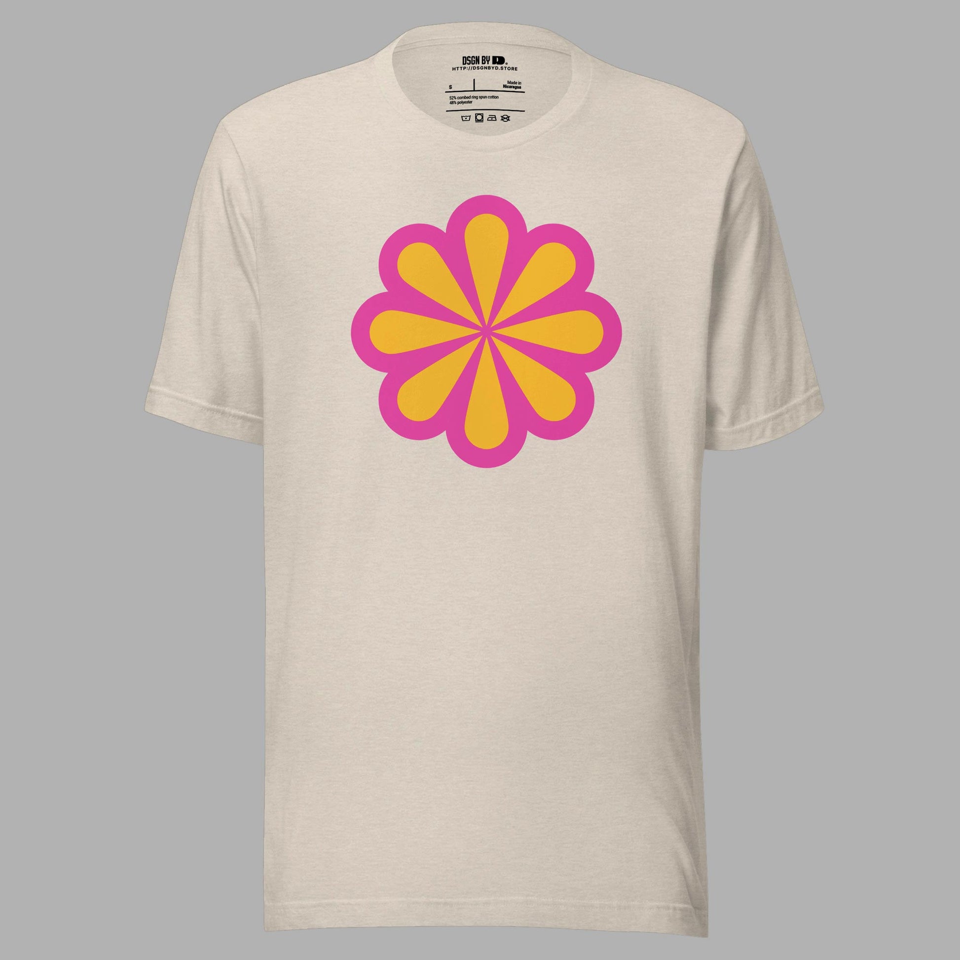 A beige cotton unisex graphic tee.