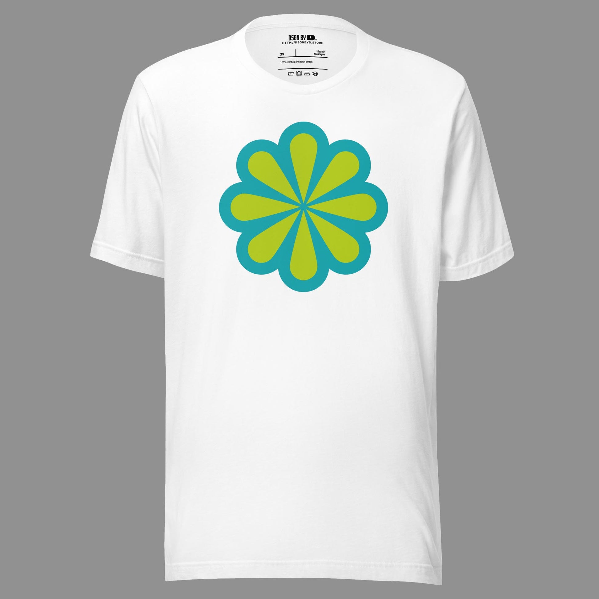 A white cotton unisex graphic tee.