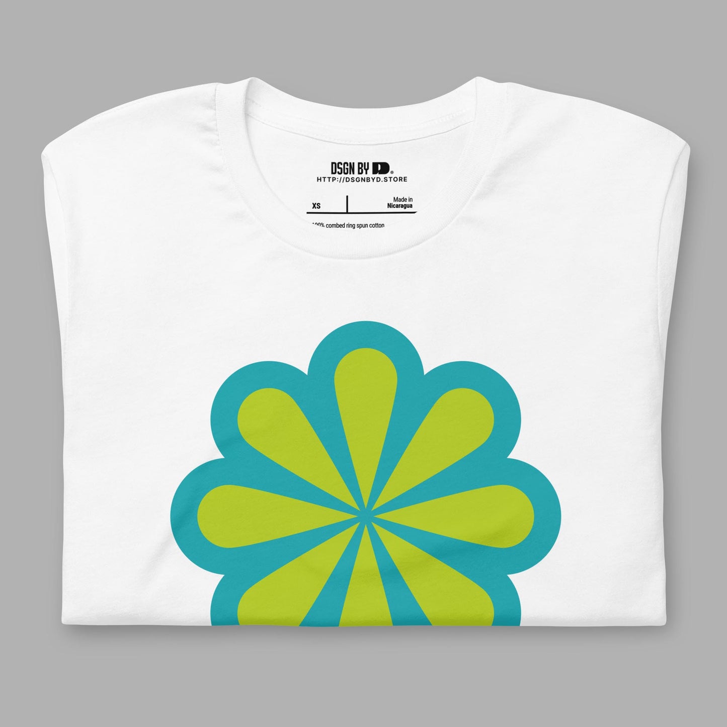 A folded white cotton unisex graphic tee.