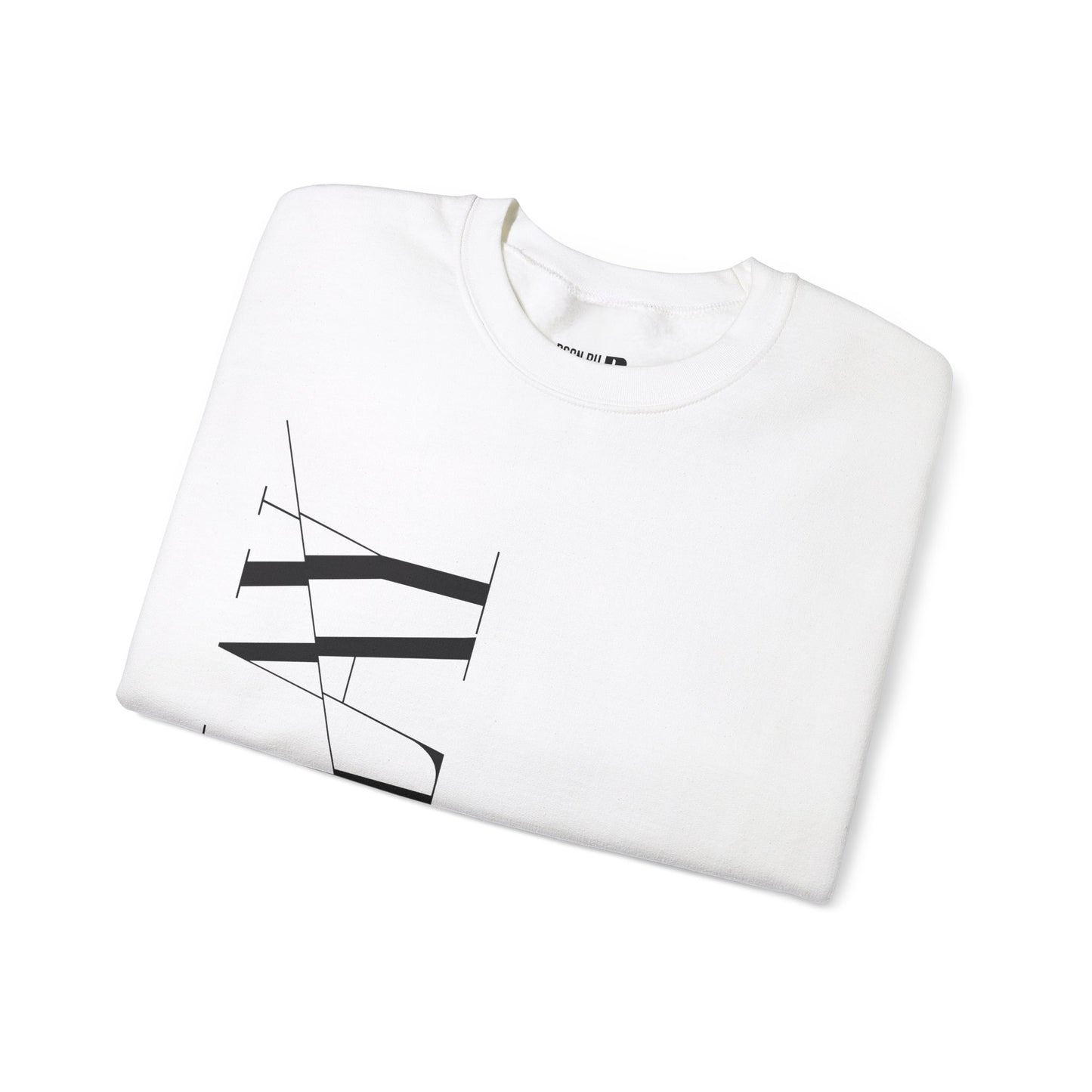 A folded white unisex crew neck sweatshirt with the work SLAY printed on the front.