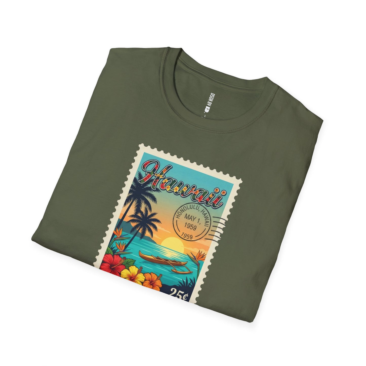 Folded green t-shirt with a colorful Hawaii postage stamp design on a white background