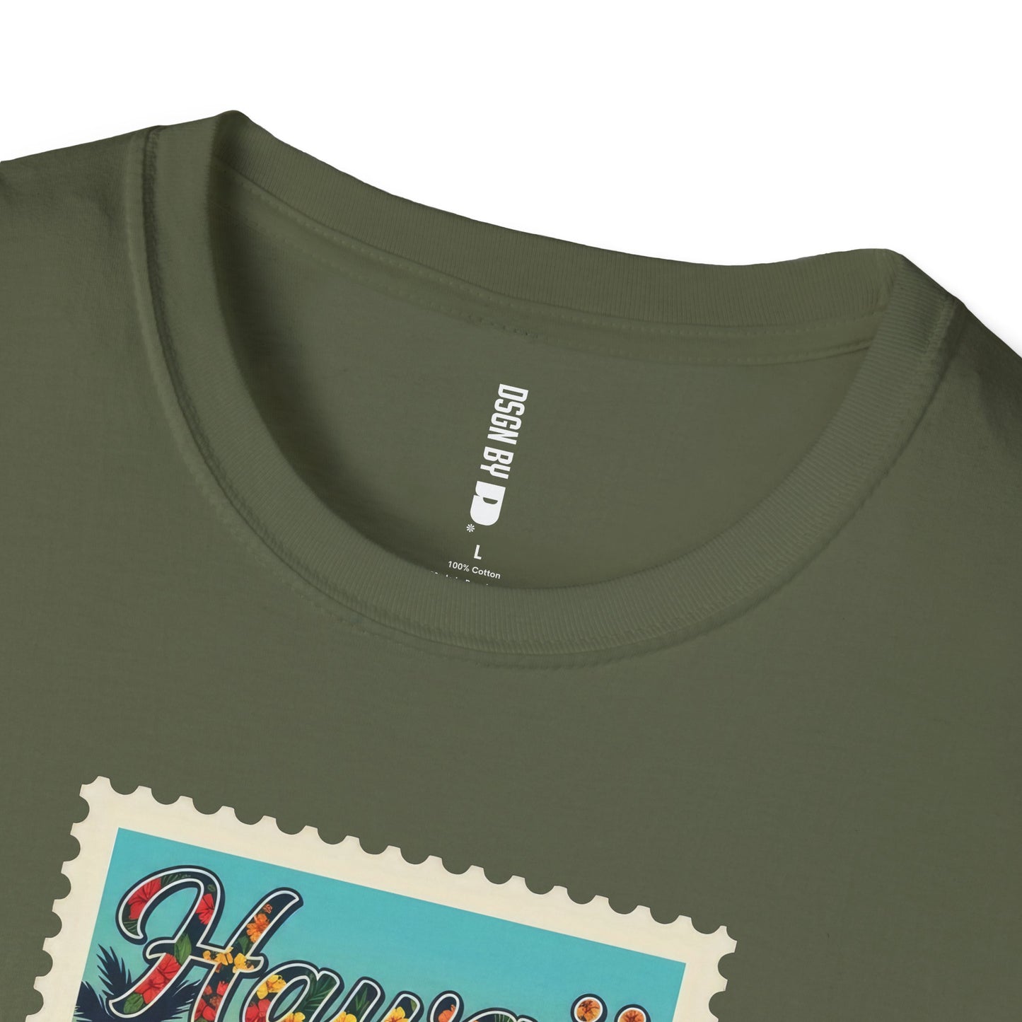 Green t-shirt with 'Hawaii' graphic and brand label on a white background