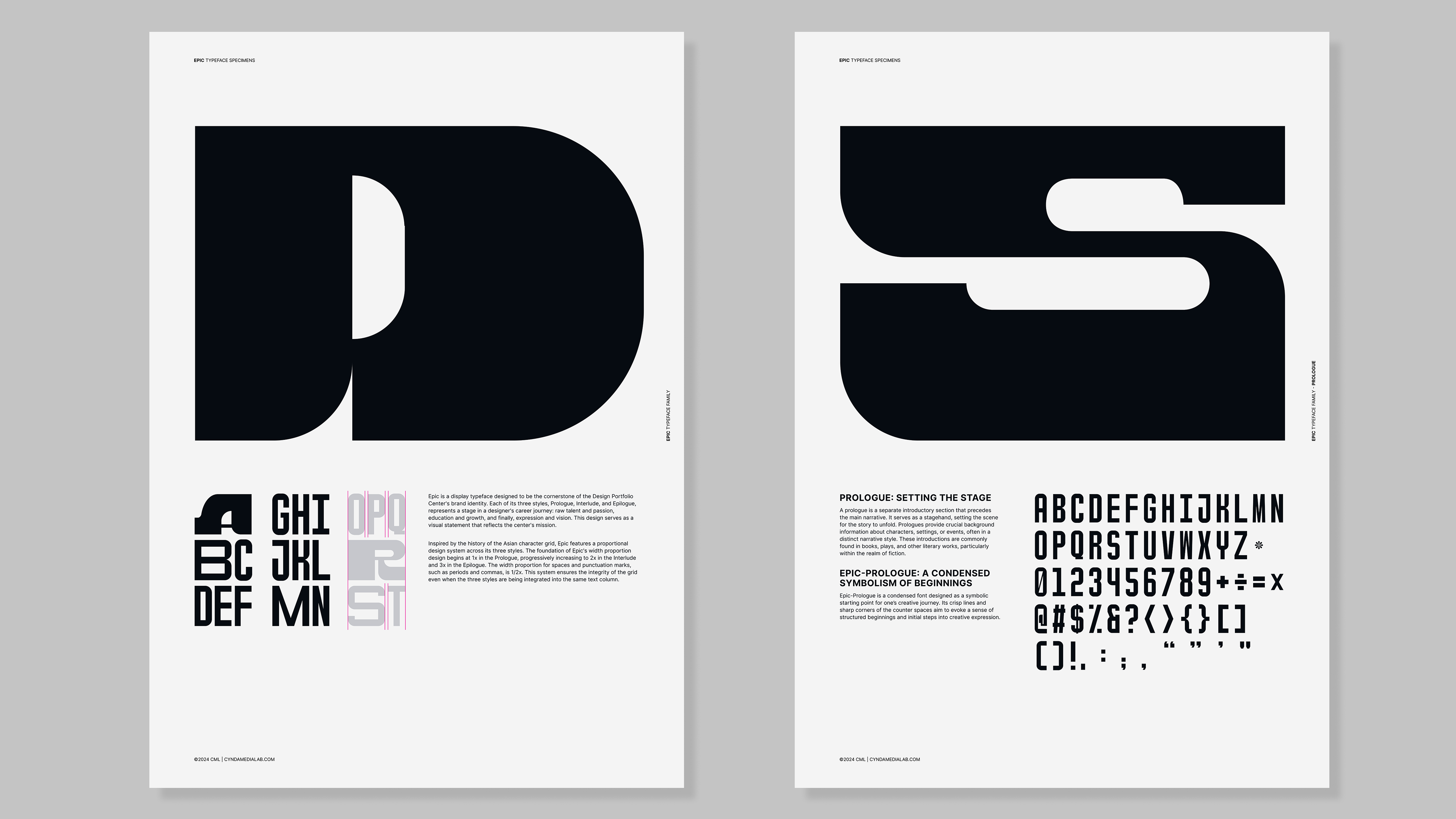 Two vertical design posters side by side on a light gray background, each featuring a large black letterform with typography and placeholder text. The left poster shows a bold black 'P' with smaller alphabet and wordmark elements below; the right poster shows a bold black 'S' with a full alphabet and punctuation mark set below.