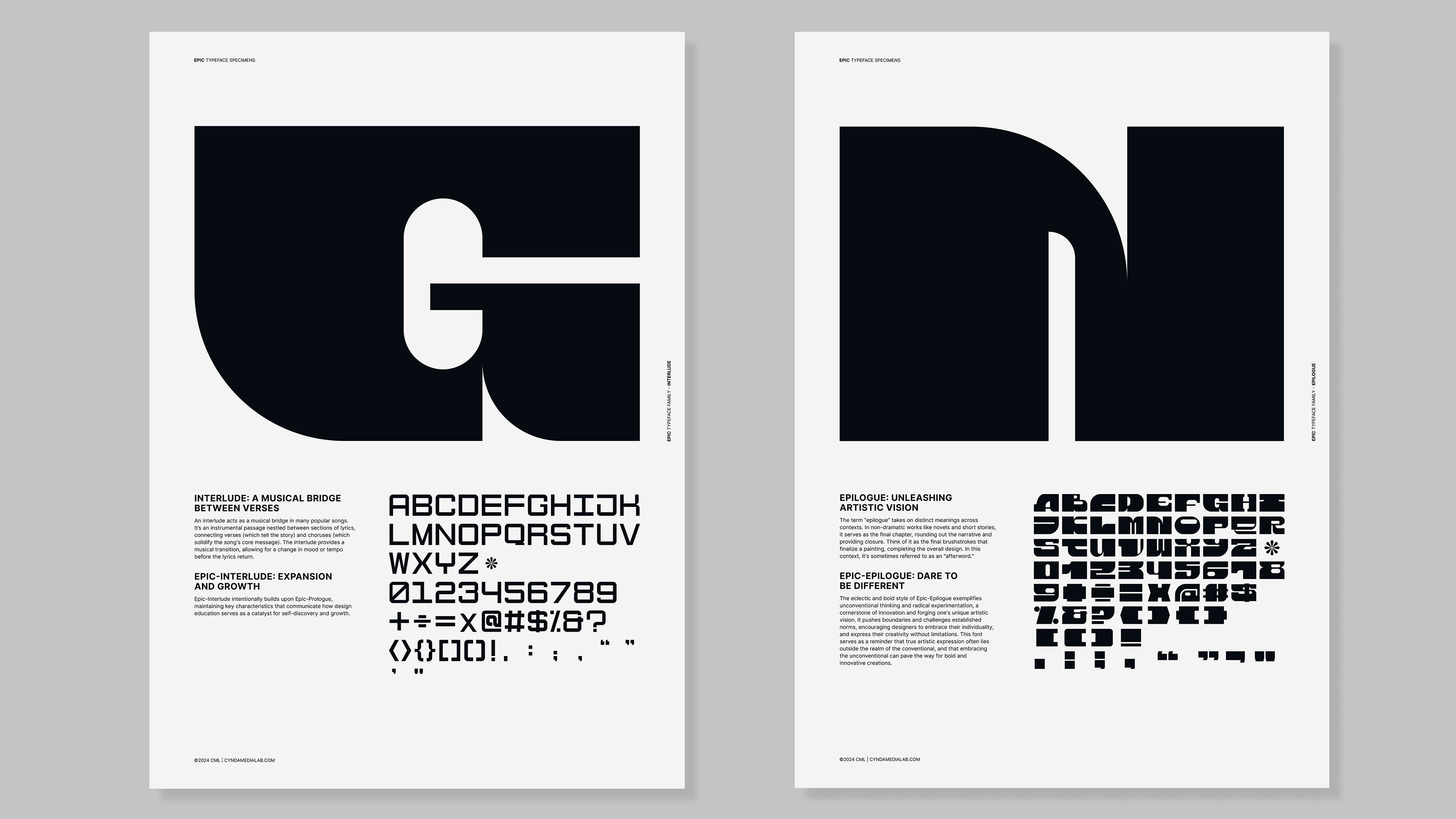Two tall poster-style design sheets displayed side by side on a light gray background. Each sheet features a large black letterform with smaller typography, including an alphabet, numbers, and decorative text, suggesting a typography art print or design poster.