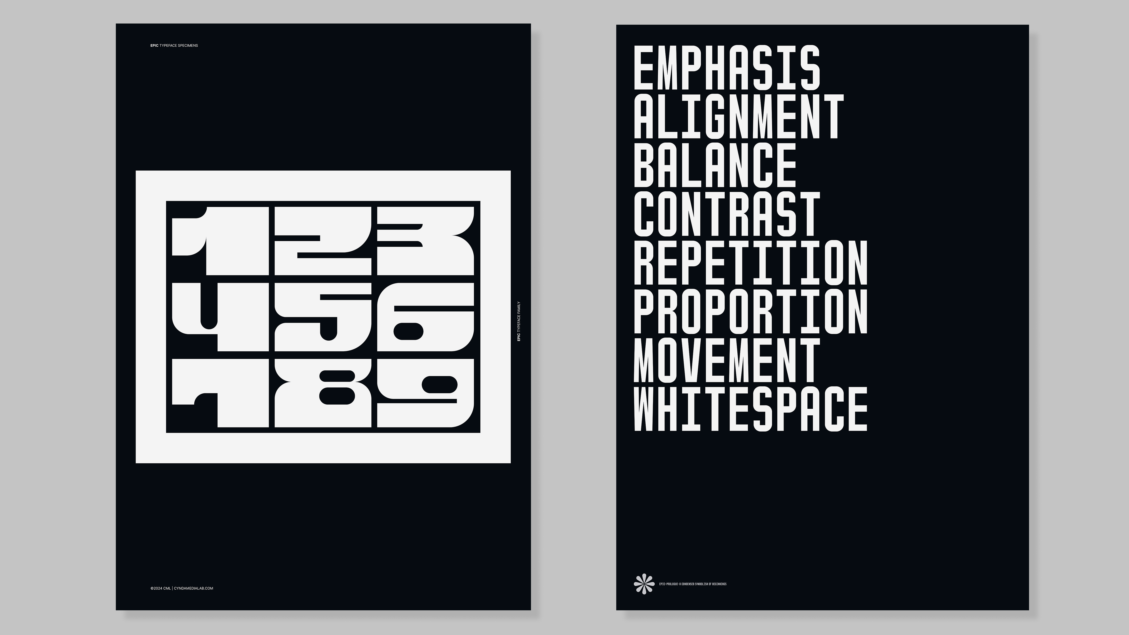 Two tall black poster panels shown side by side on a light gray background. The left panel features large white geometric numbers 1 through 9 inside a white square.