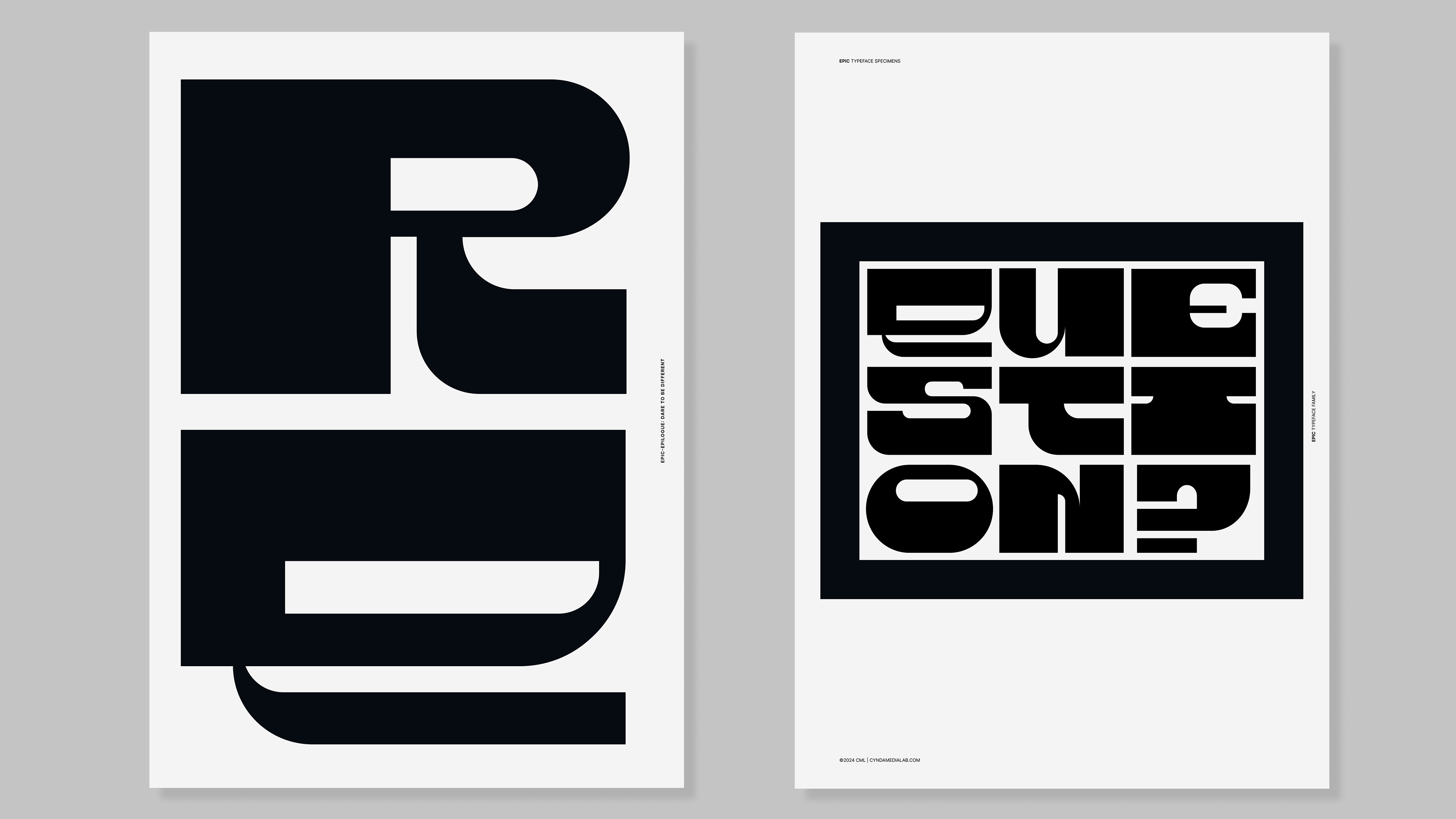 Two minimalist typographic art prints displayed side by side on a light gray background. The left print features a large black letter 'R' with a circular cutout, and the right print shows a black square frame with the word 'BUESTE' in a bold geometric sans-serif typeface.