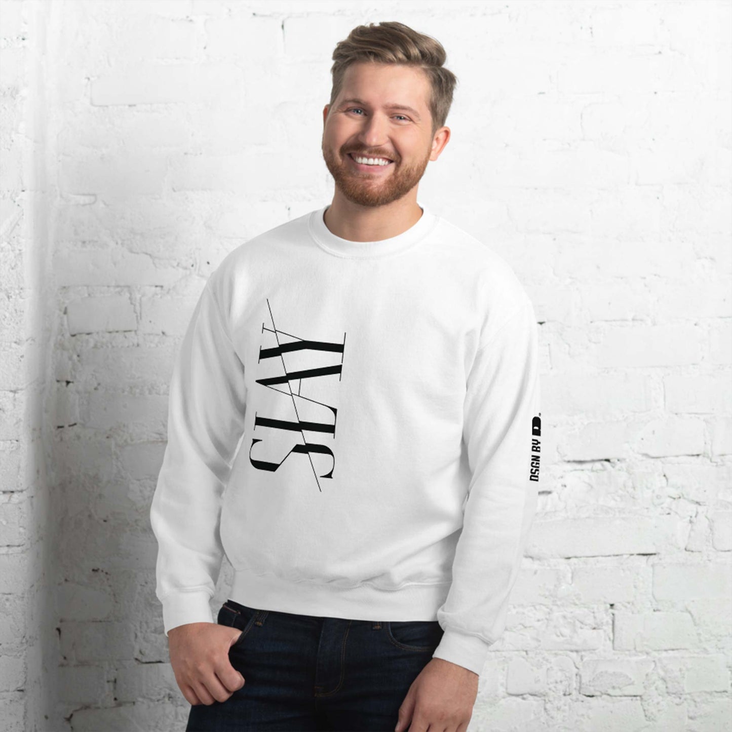 A man wearing a white unisex crew neck sweatshirt with the work SLAY printed on the front.