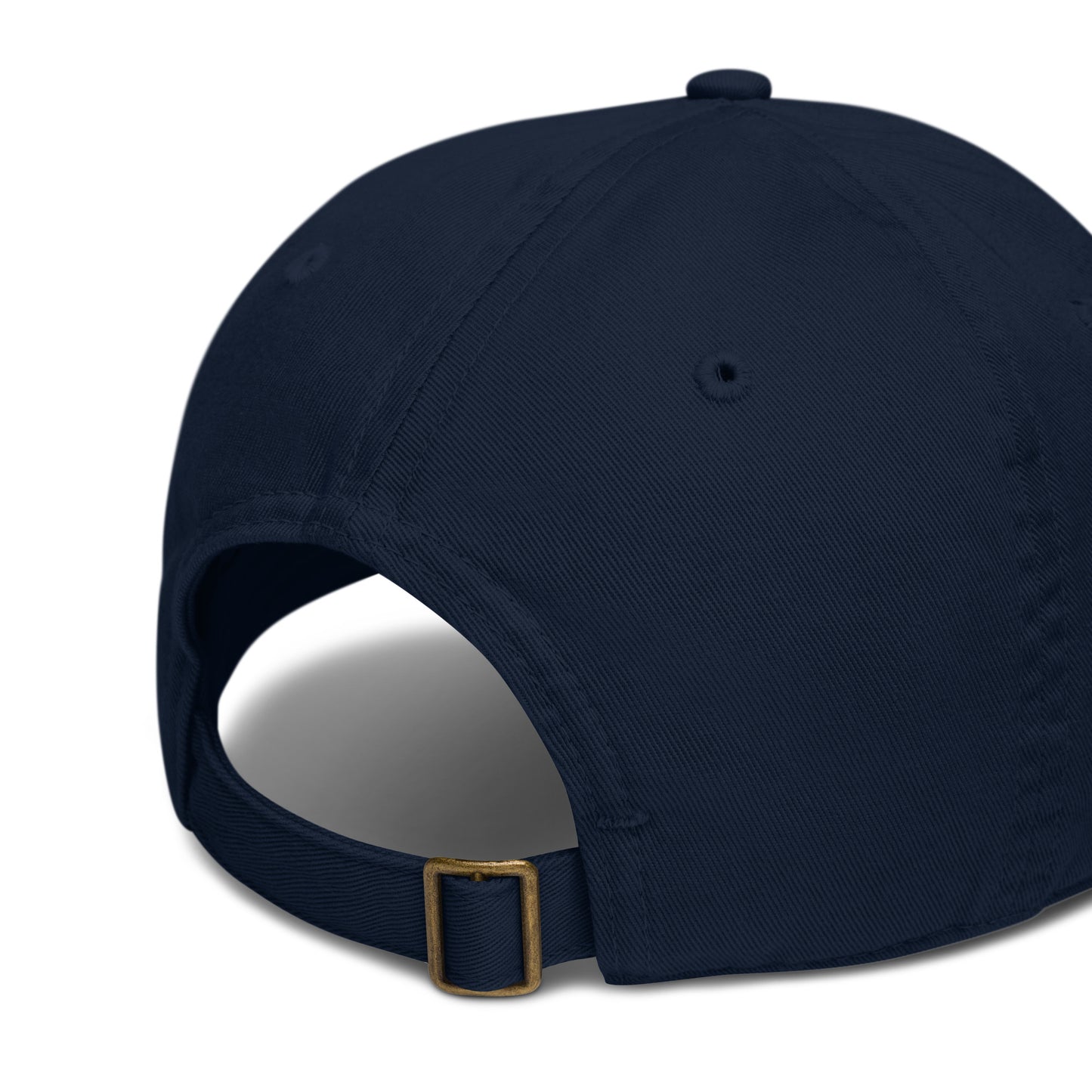 The back of a navy blue cotton hat.