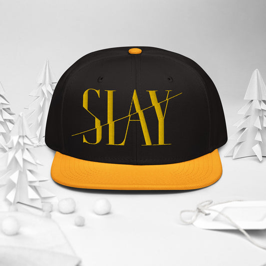 A black and yellow Snapback Hat with the word "SLAY" embroidered on the front.