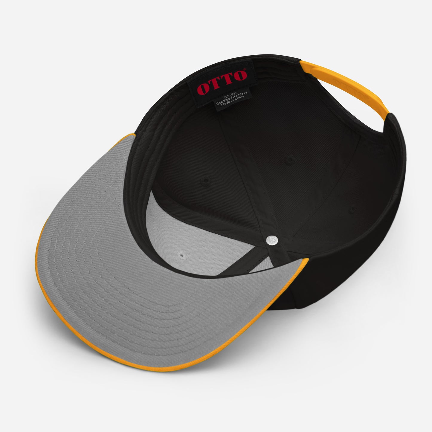 Flip side of a black and yellow Snapback Hat with the word "SLAY" embroidered on the front.