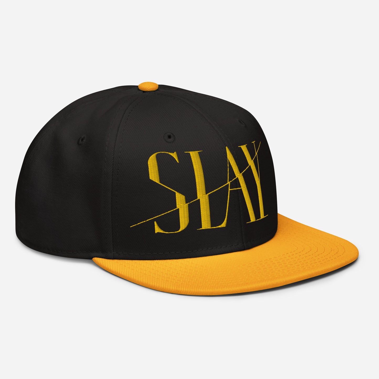 Side view of a black and yellow Snapback Hat with the word "SLAY" embroidered on the front.