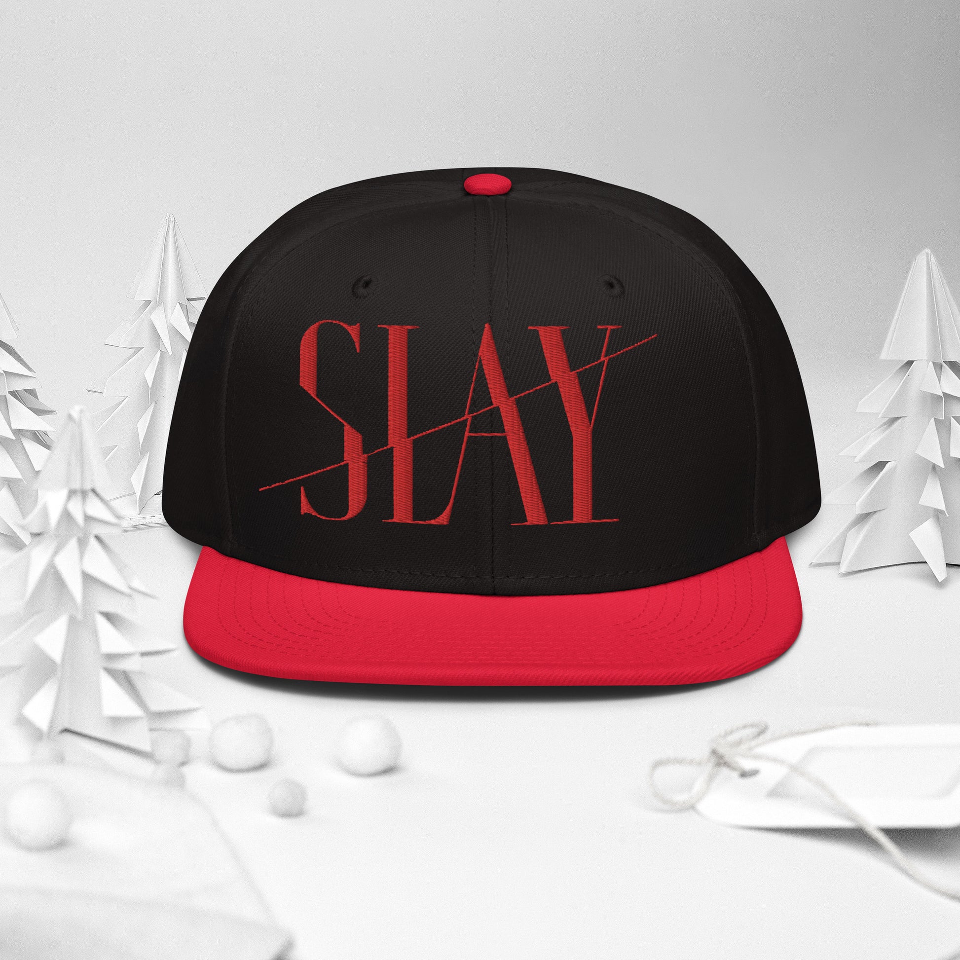 A black and red Snapback Hat with the word "SLAY" embroidered on the front.