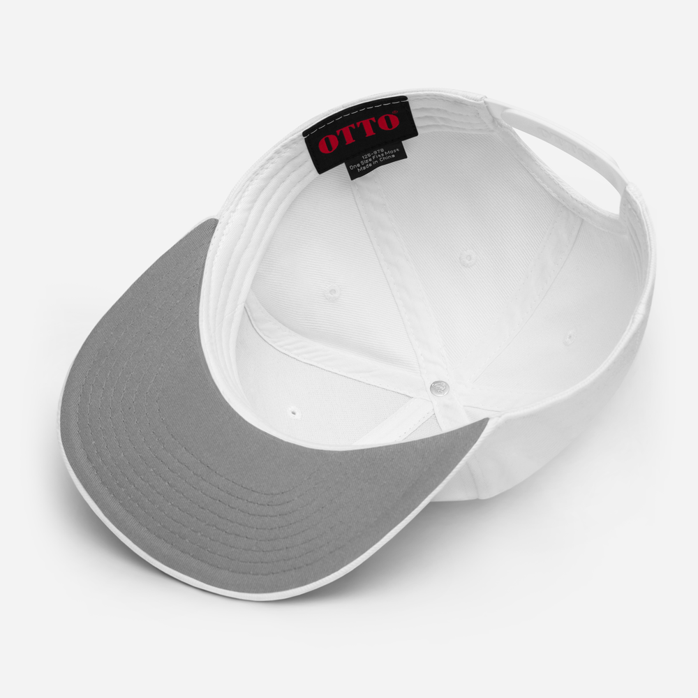 The flip side of a white Snapback Hat with the word "SLAY" embroidered on the front. 