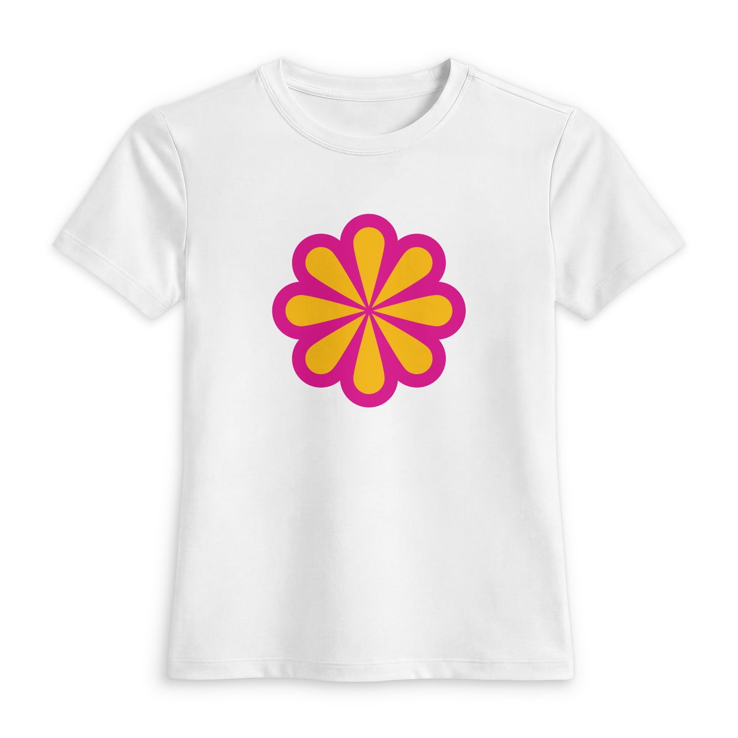 A white short-sleeve crewneck t-shirt featuring a retro-style circular flower graphic on the chest with alternating pink and yellow petals, displayed against a clean white background.