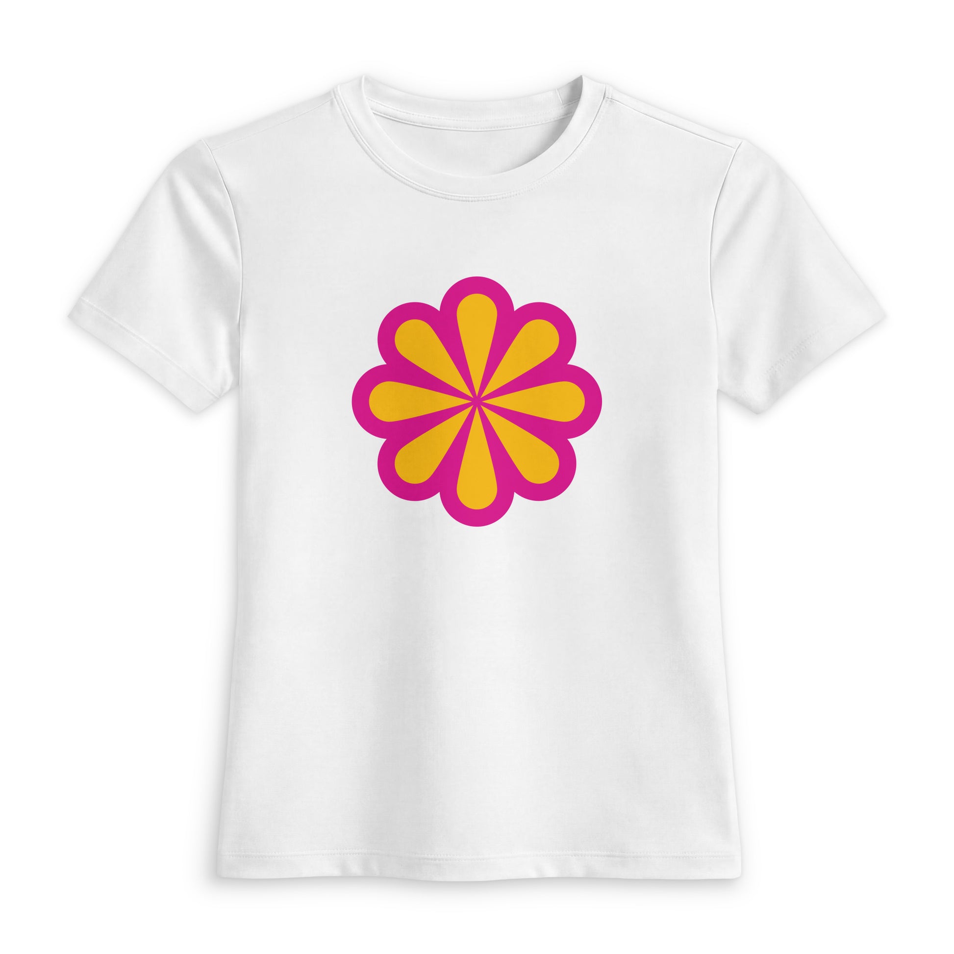A white short-sleeve crewneck t-shirt featuring a retro-style circular flower graphic on the chest with alternating pink and yellow petals, displayed against a clean white background.